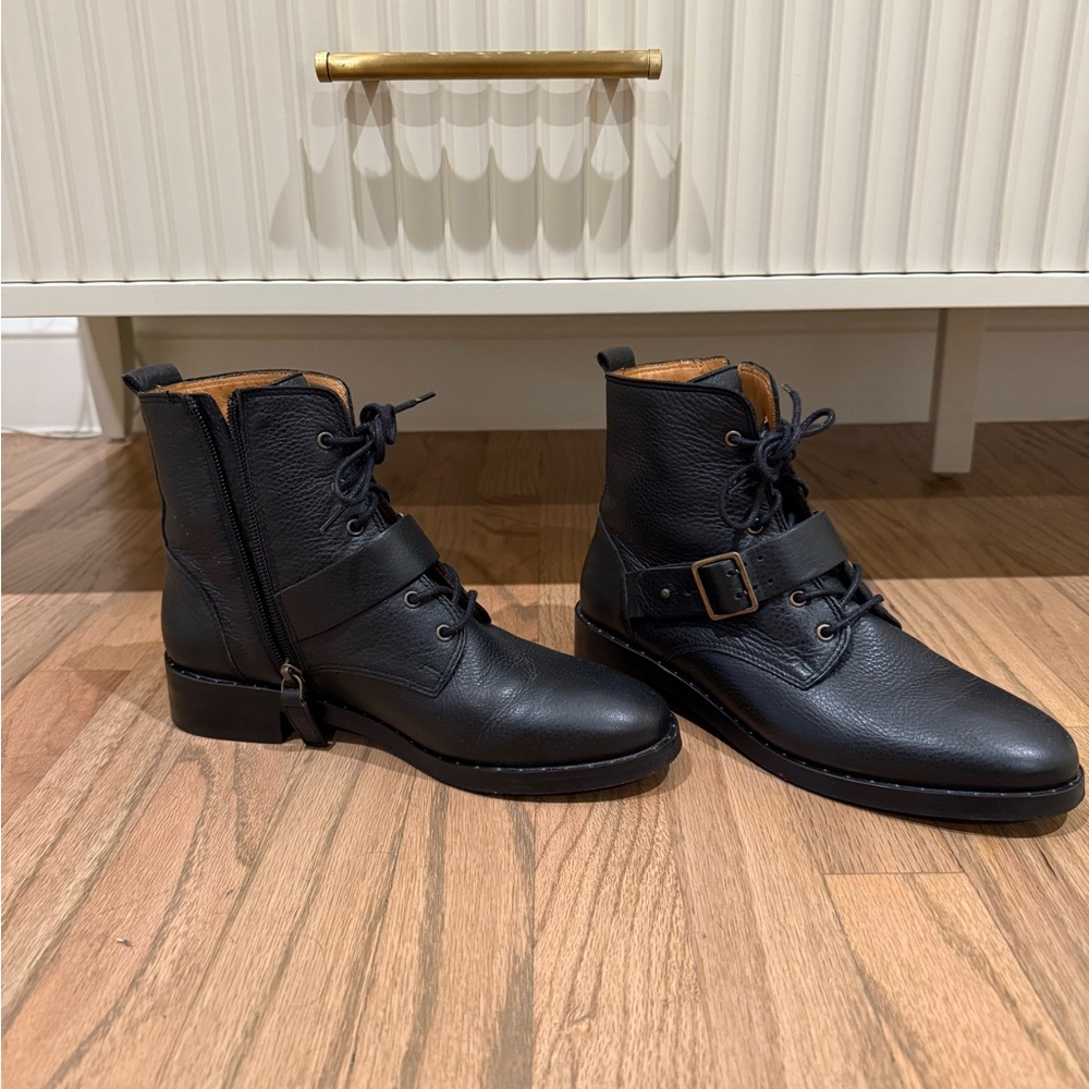 Sezane Black Combat & Moto Boots with Chunky Heel and Buckle Straps